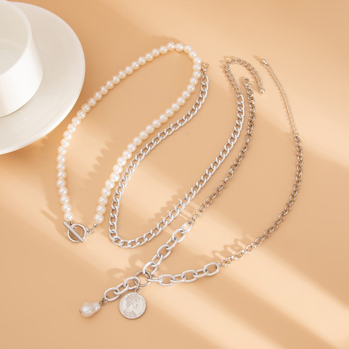 Classic Layered Toggle Clasp Relief Coin Pendant Pearl Chain Necklace Set