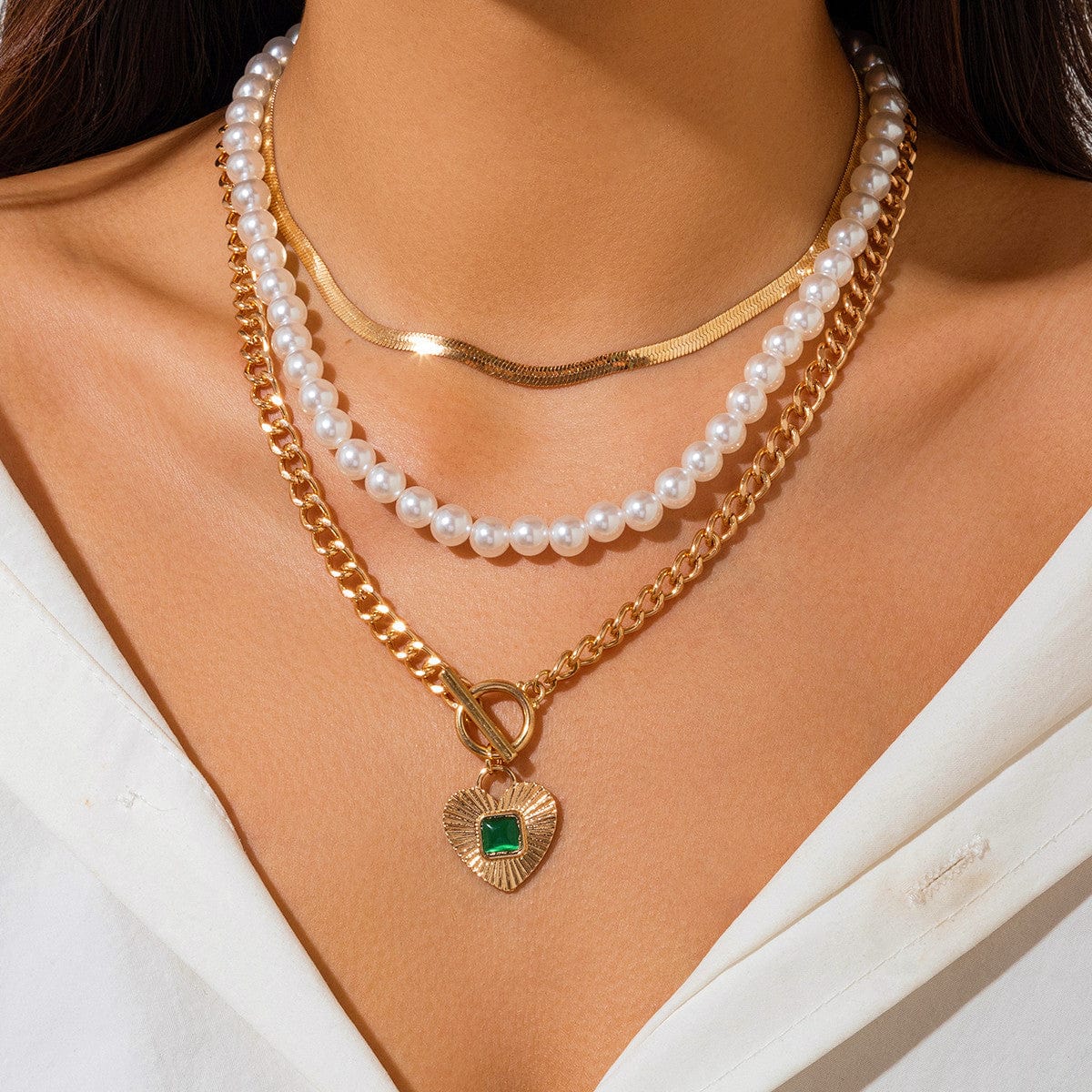 Classic Toggle Clasp Layered Heart Pendant Pearl Snake Chain Necklace Set