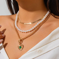 Thumbnail for Classic Toggle Clasp Layered Heart Pendant Pearl Snake Chain Necklace Set