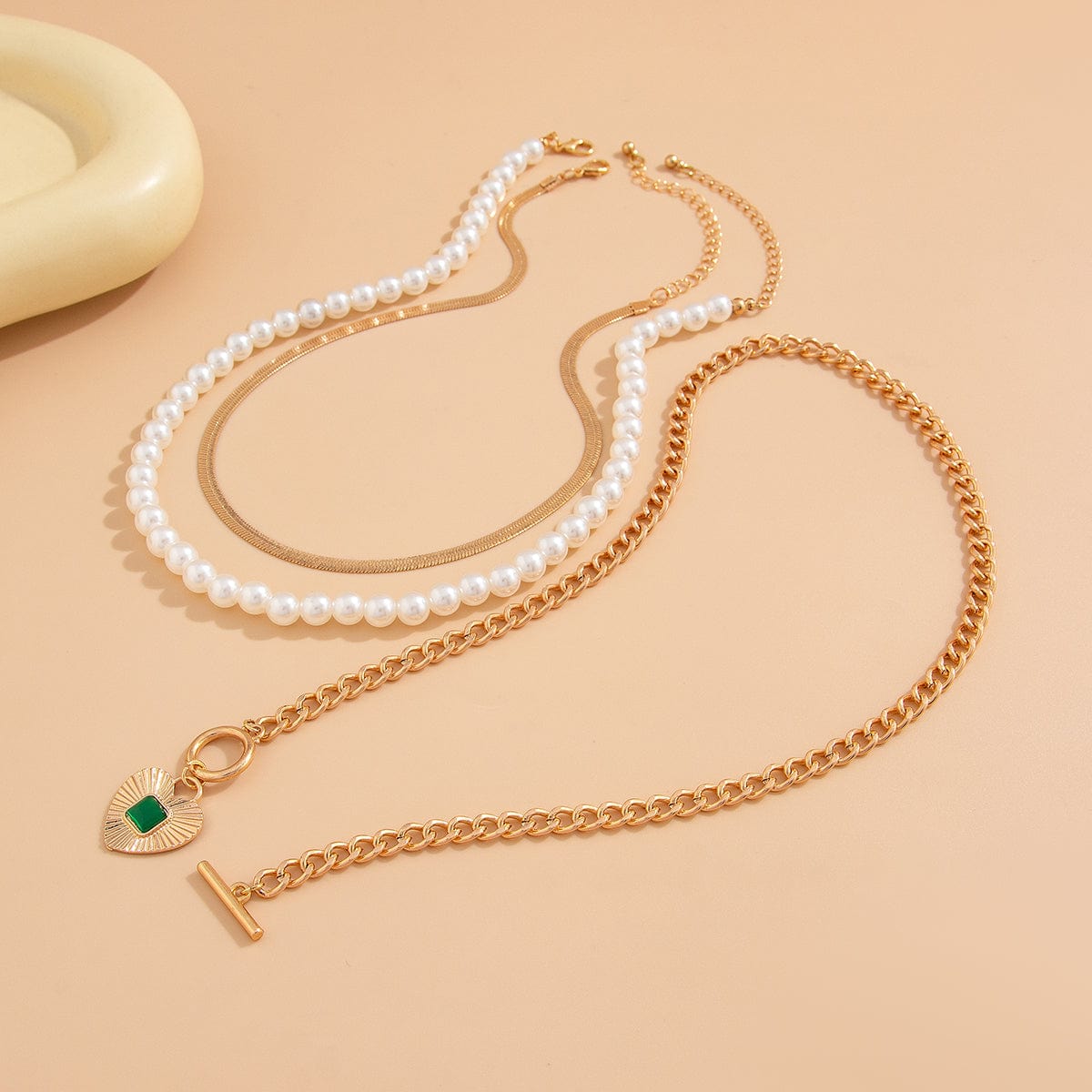 Classic Toggle Clasp Layered Heart Pendant Pearl Snake Chain Necklace Set