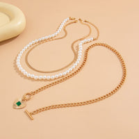 Thumbnail for Classic Toggle Clasp Layered Heart Pendant Pearl Snake Chain Necklace Set