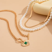 Thumbnail for Classic Toggle Clasp Layered Heart Pendant Pearl Snake Chain Necklace Set