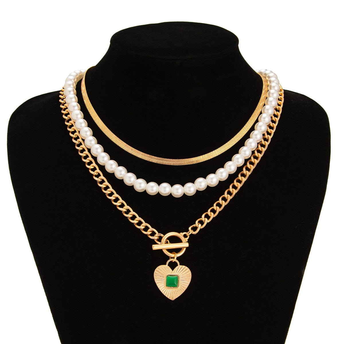 Classic Toggle Clasp Layered Heart Pendant Pearl Snake Chain Necklace Set