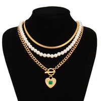 Thumbnail for Classic Toggle Clasp Layered Heart Pendant Pearl Snake Chain Necklace Set