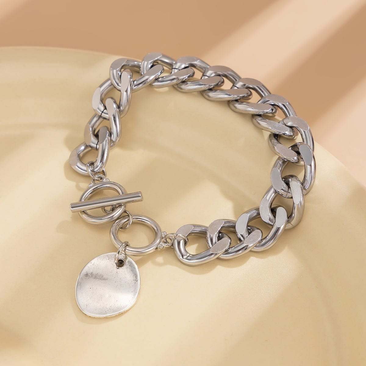 Classic Toggle Clasp Round Disk Pendant Curb Chain Bracelet