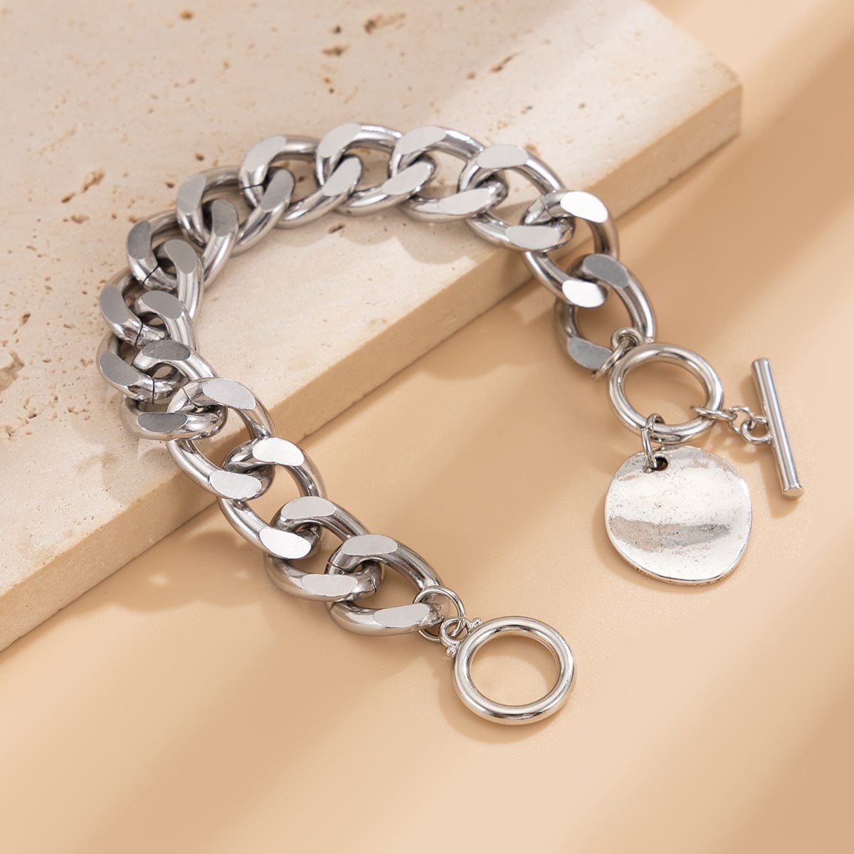 Classic Toggle Clasp Round Disk Pendant Curb Chain Bracelet