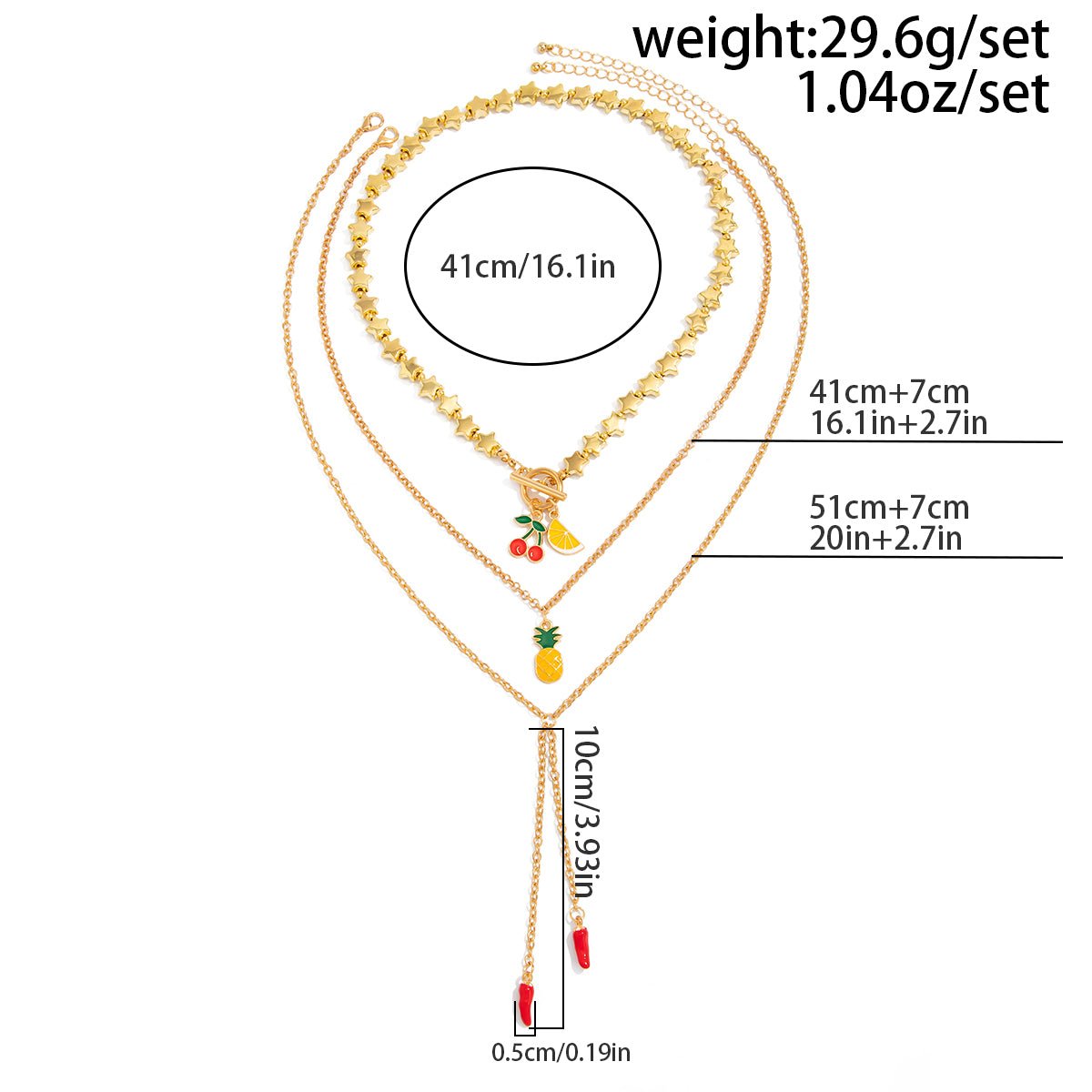 Colorful 3pcs Enamel Cherry Pineapple Fruit Charm Star Chain Necklace - ArtGalleryZen