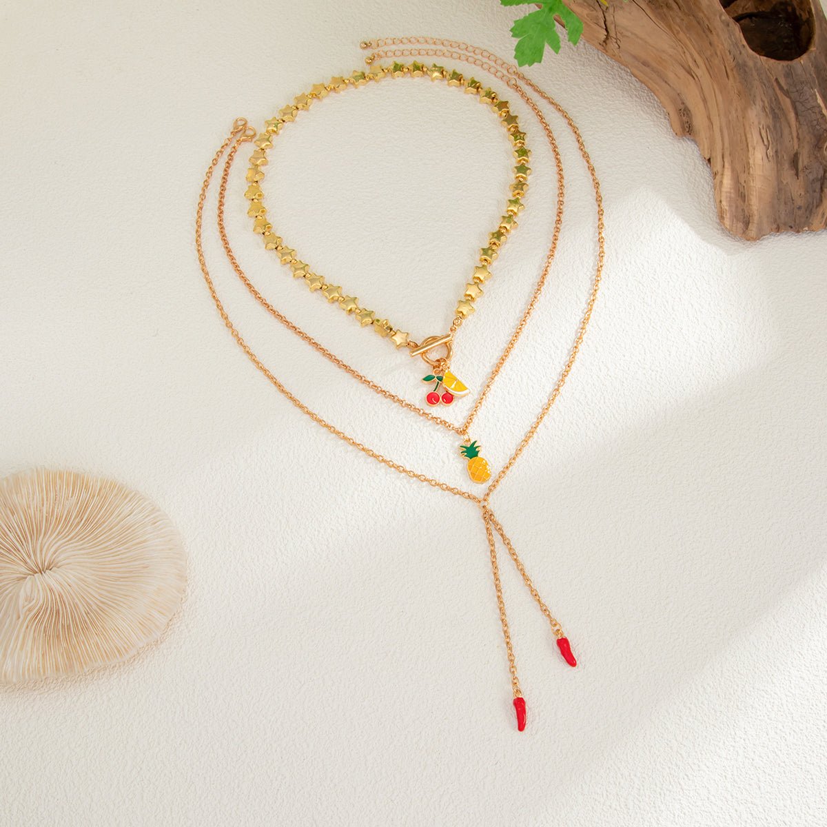 Colorful 3pcs Enamel Cherry Pineapple Fruit Charm Star Chain Necklace - ArtGalleryZen