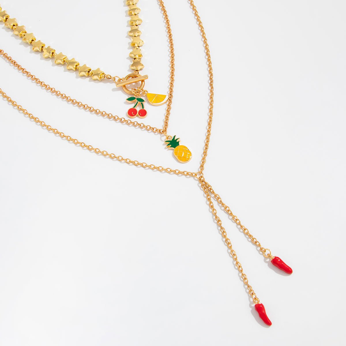 Colorful 3pcs Enamel Cherry Pineapple Fruit Charm Star Chain Necklace - ArtGalleryZen