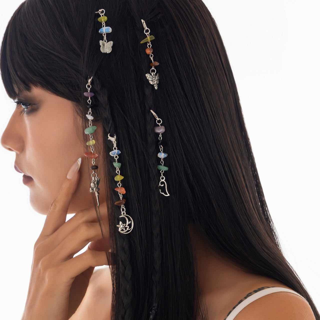 Colorful 5pcs Crystal Stone Elf Moon Star Dragonfly Charm Hair Braids Ring Set - ArtGalleryZen