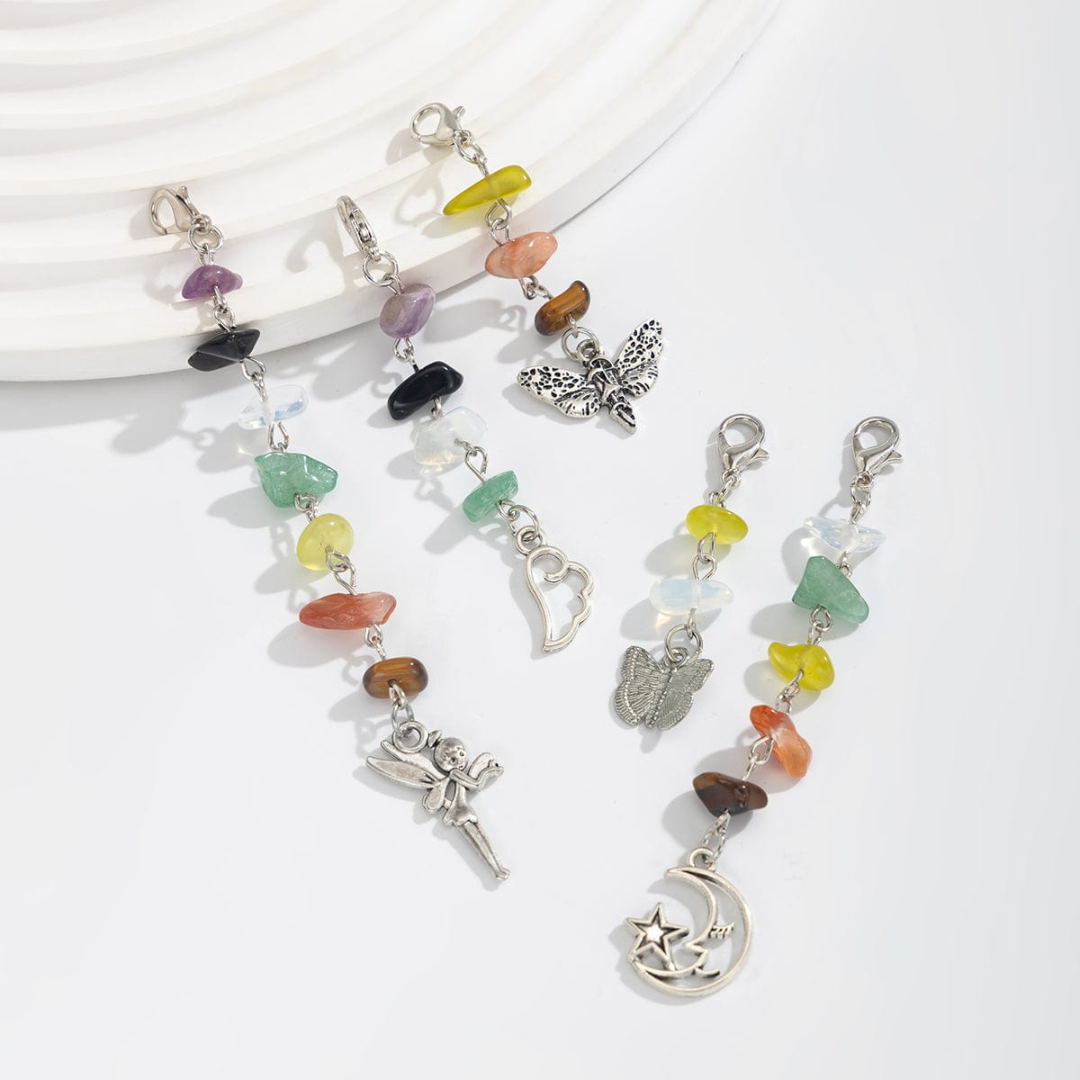 Colorful 5pcs Crystal Stone Elf Moon Star Dragonfly Charm Hair Braids Ring Set - ArtGalleryZen