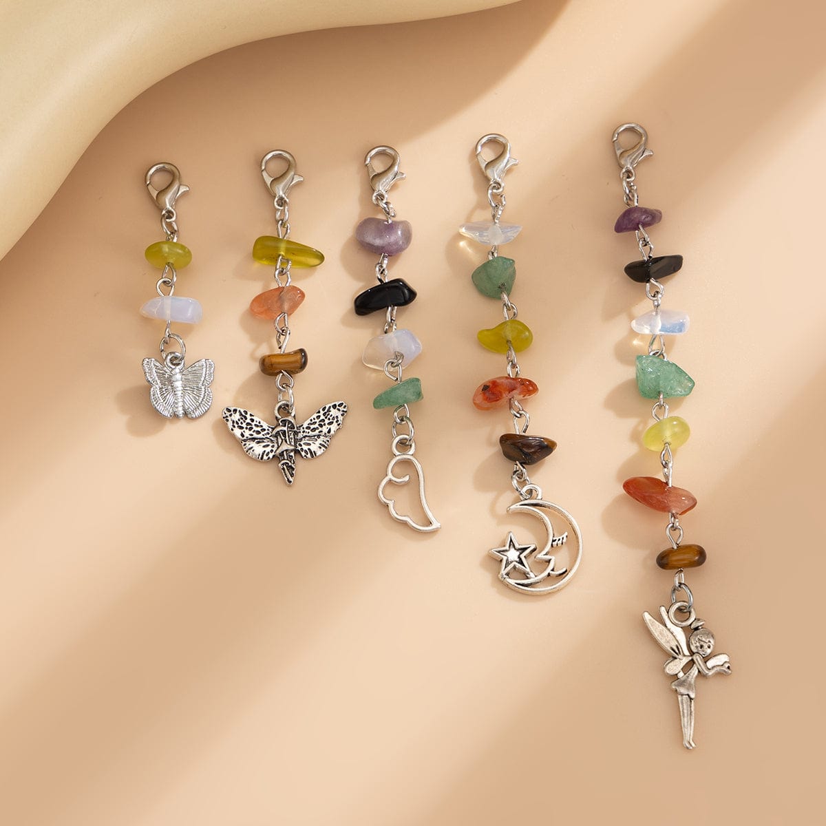 Colorful 5pcs Crystal Stone Elf Moon Star Dragonfly Charm Hair Braids Ring Set - ArtGalleryZen