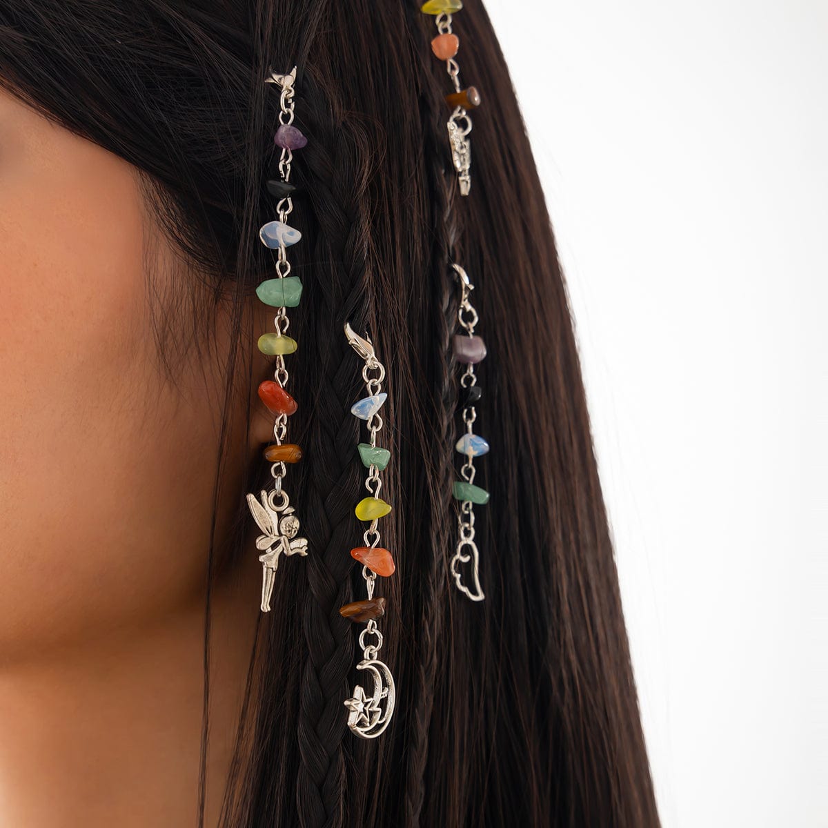 Colorful 5pcs Crystal Stone Elf Moon Star Dragonfly Charm Hair Braids Ring Set - ArtGalleryZen
