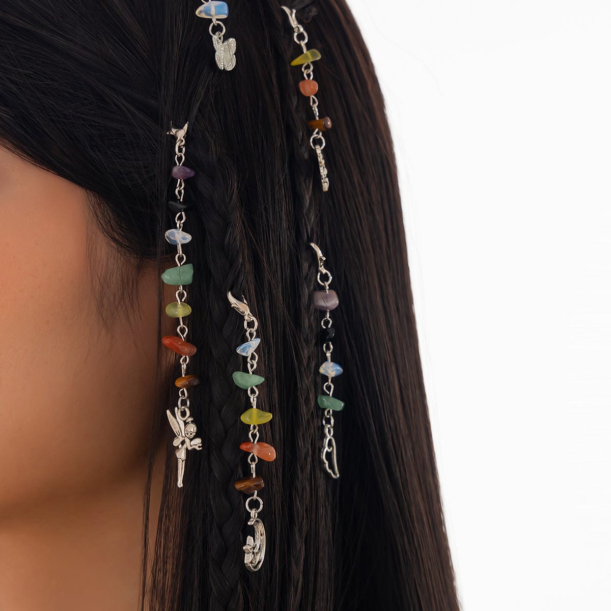 Colorful 5pcs Crystal Stone Elf Moon Star Dragonfly Charm Hair Braids Ring Set - ArtGalleryZen
