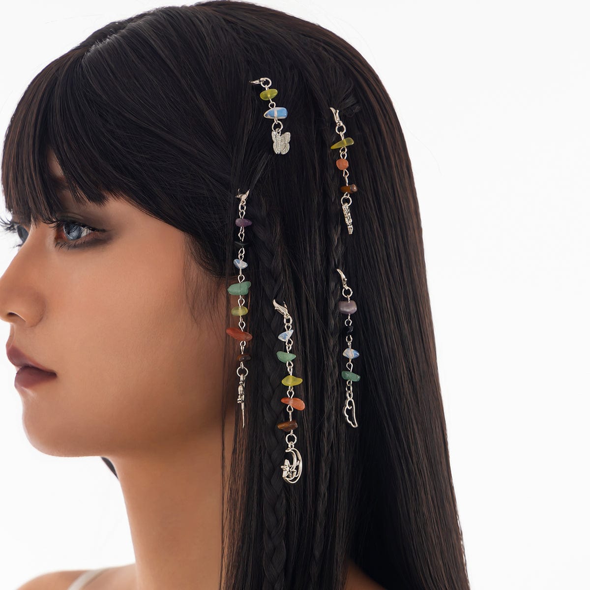 Colorful 5pcs Crystal Stone Elf Moon Star Dragonfly Charm Hair Braids Ring Set - ArtGalleryZen