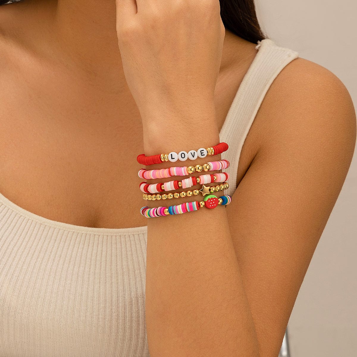 Colorful 5pcs Star Strawberry Letter Polymer Clay Beaded Bracelet Set