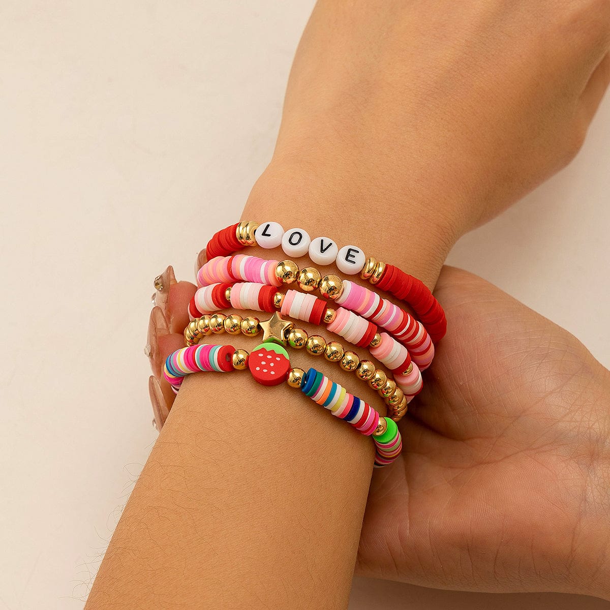 Colorful 5pcs Star Strawberry Letter Polymer Clay Beaded Bracelet Set