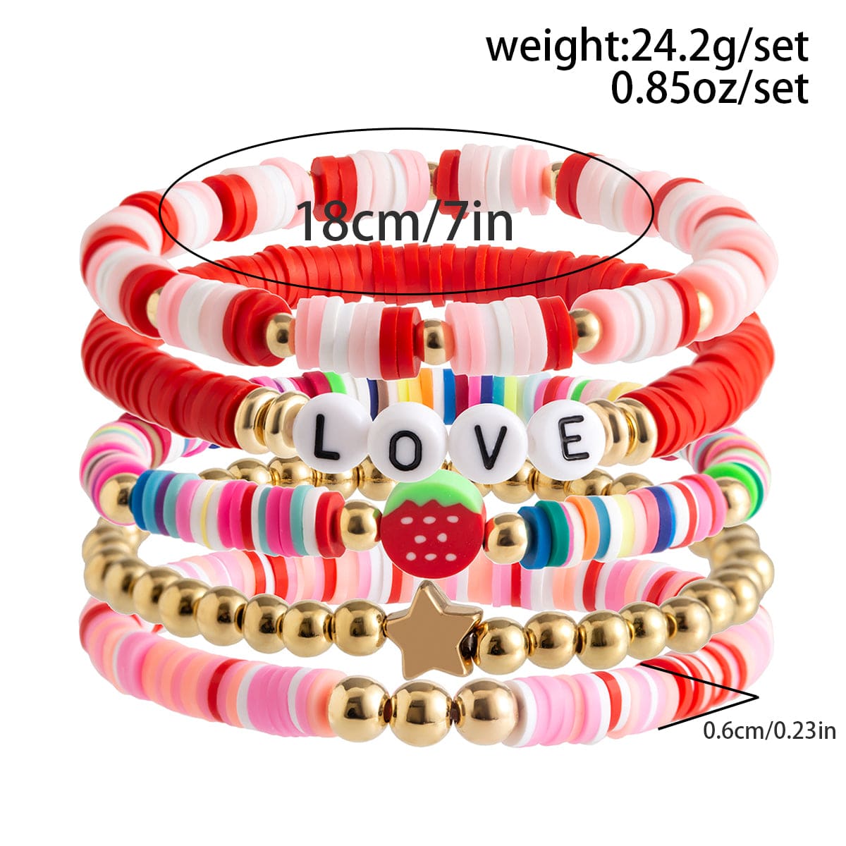 Colorful 5pcs Star Strawberry Letter Polymer Clay Beaded Bracelet Set