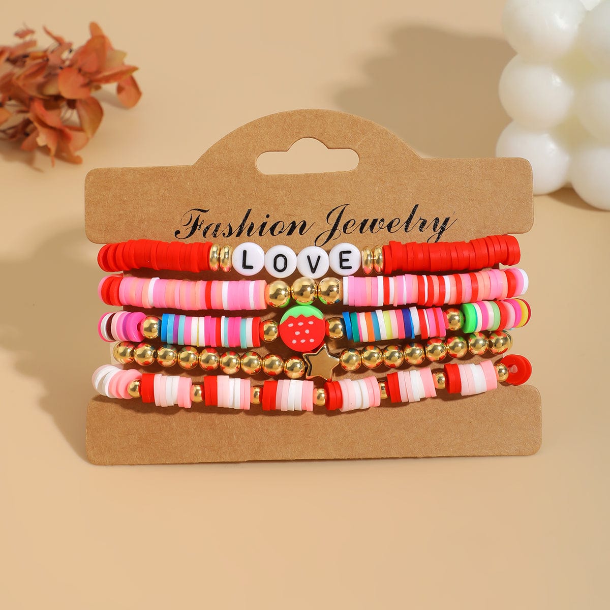 Colorful 5pcs Star Strawberry Letter Polymer Clay Beaded Bracelet Set