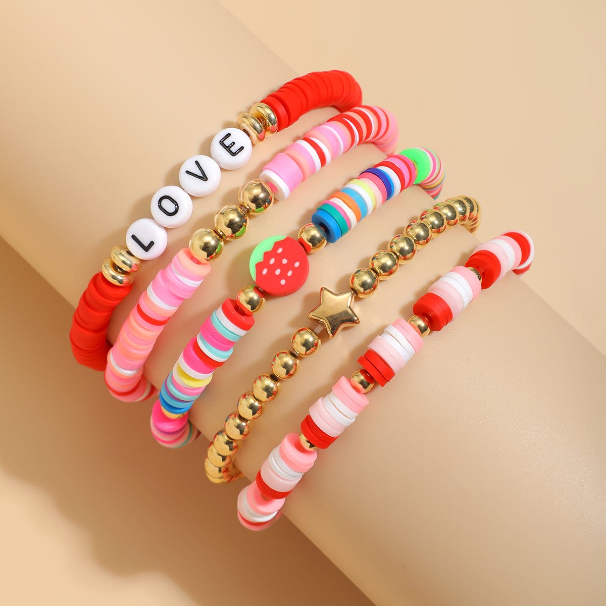 Colorful 5pcs Star Strawberry Letter Polymer Clay Beaded Bracelet Set