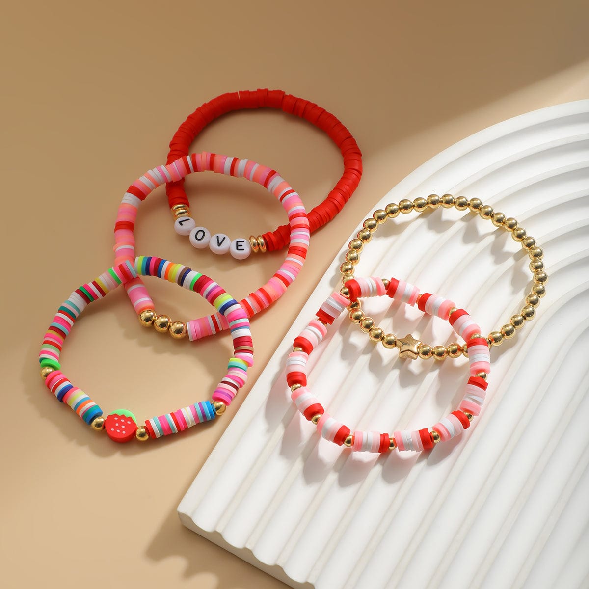 Colorful 5pcs Star Strawberry Letter Polymer Clay Beaded Bracelet Set