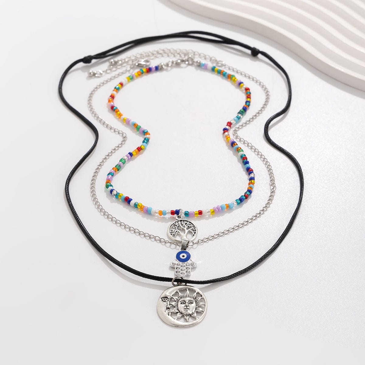 Colorful Crystal Beaded Sun Moon Tree Pendant Wax Cord String Necklace Set - ArtGalleryZen