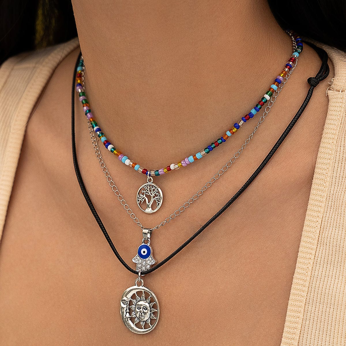 Colorful Crystal Beaded Sun Moon Tree Pendant Wax Cord String Necklace Set - ArtGalleryZen