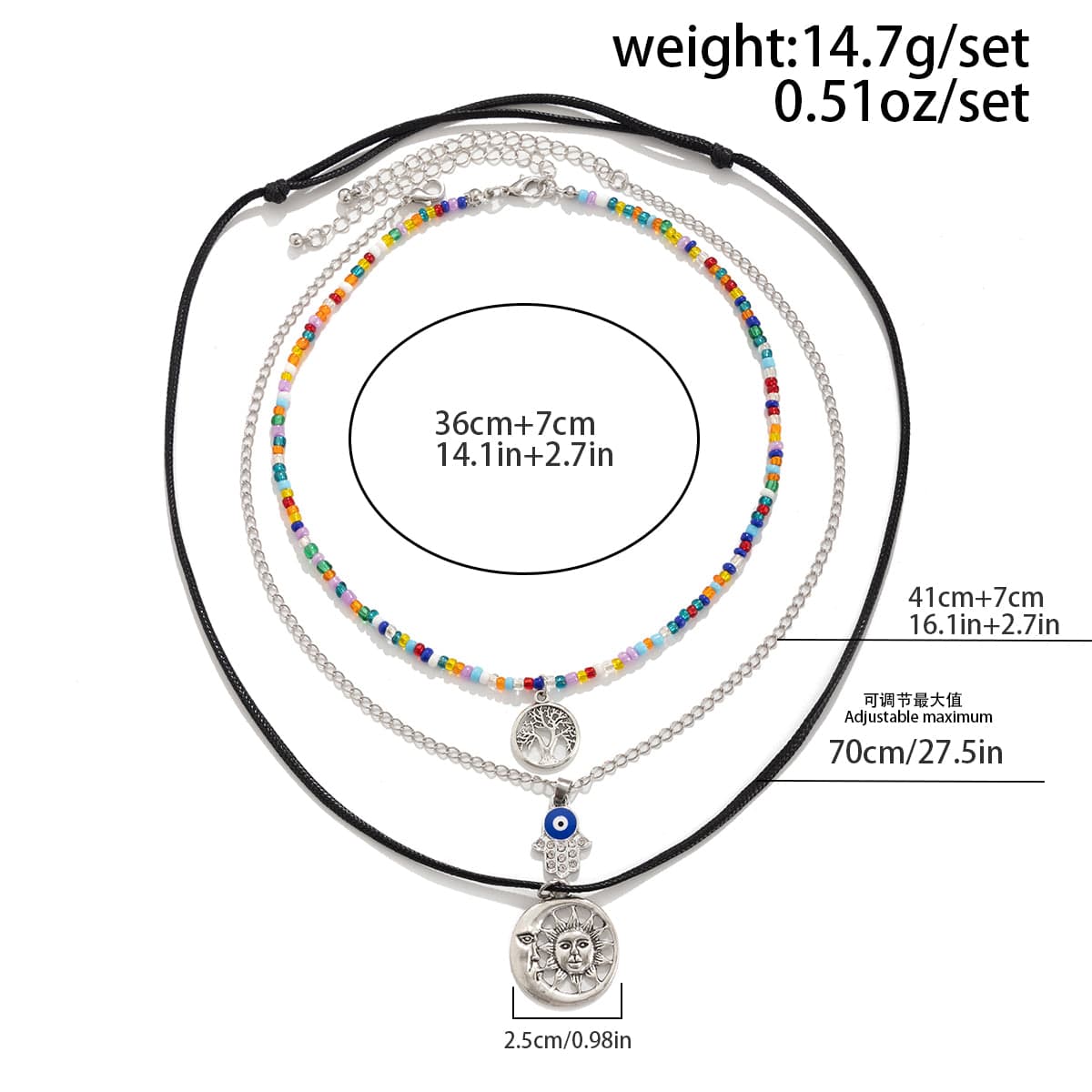 Colorful Crystal Beaded Sun Moon Tree Pendant Wax Cord String Necklace Set - ArtGalleryZen