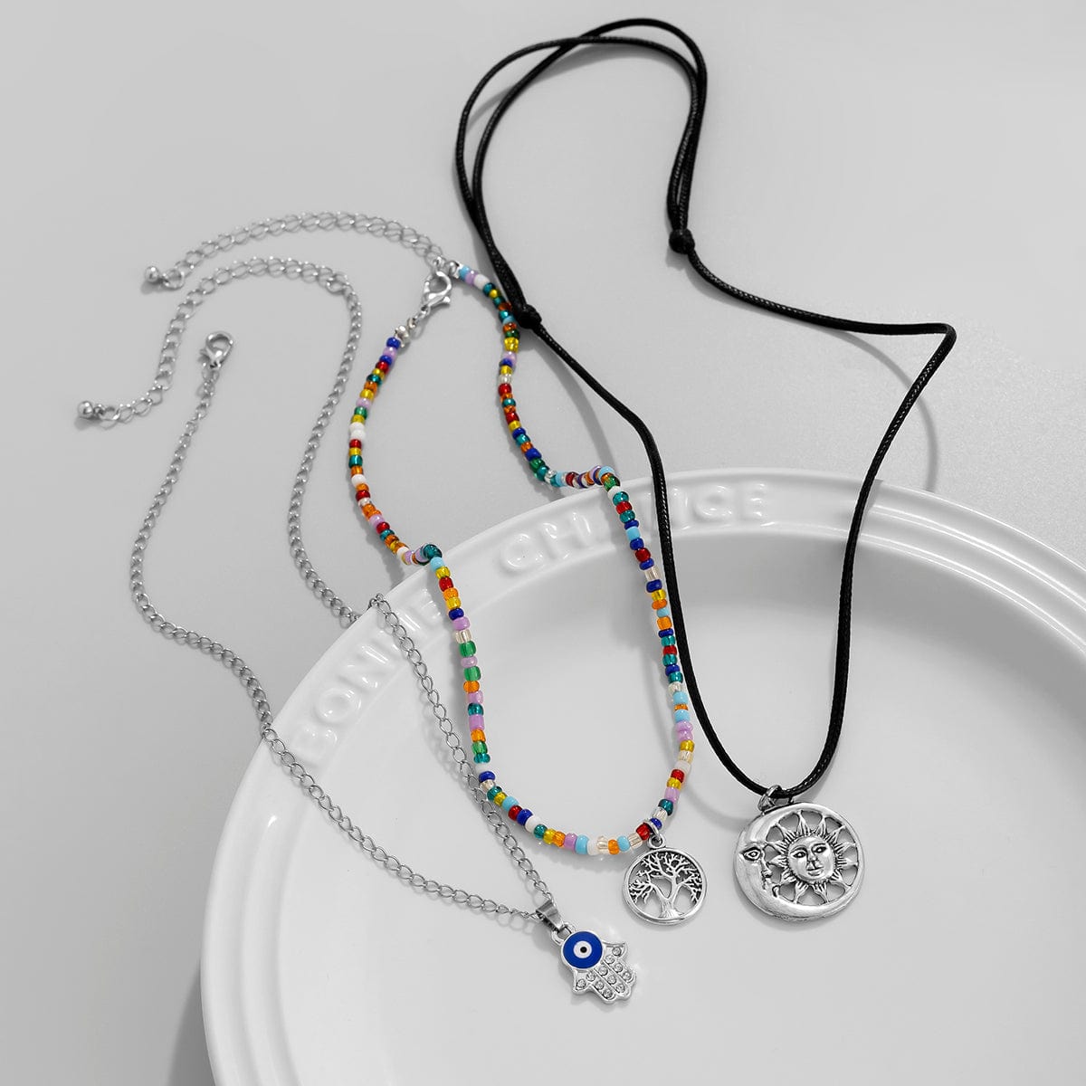 Colorful Crystal Beaded Sun Moon Tree Pendant Wax Cord String Necklace Set - ArtGalleryZen