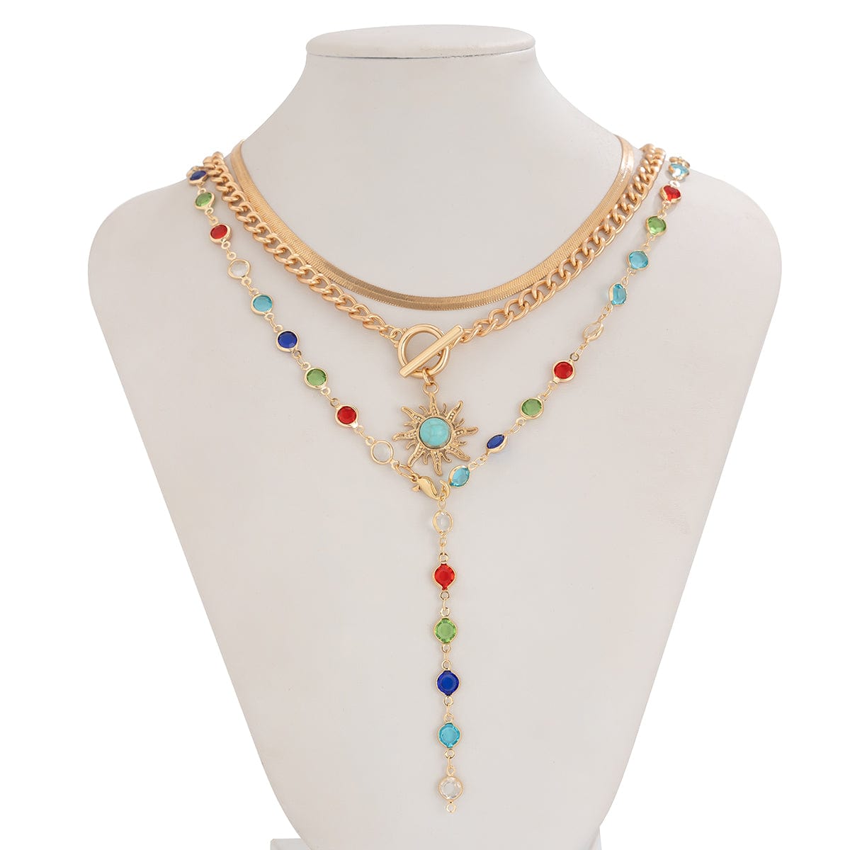 Colorful Crystal Long Chain Turquoise Sun Pendant Necklace Set - ArtGalleryZen