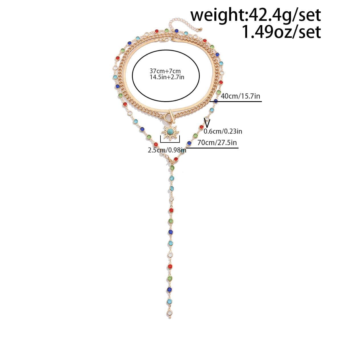 Colorful Crystal Long Chain Turquoise Sun Pendant Necklace Set - ArtGalleryZen