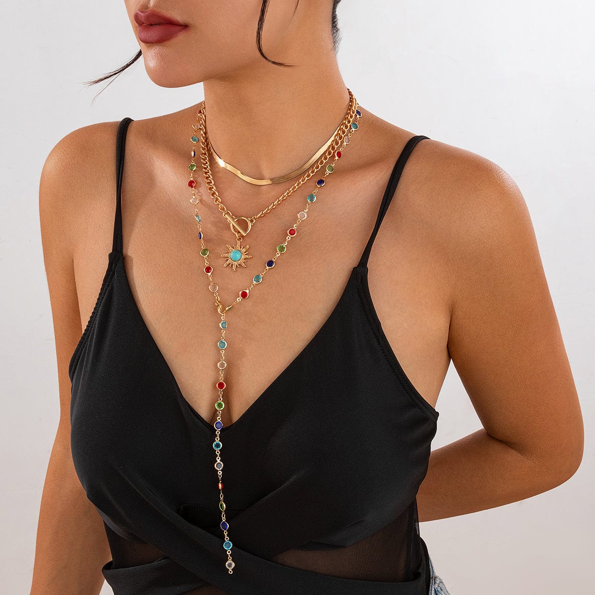 Colorful Crystal Long Chain Turquoise Sun Pendant Necklace Set