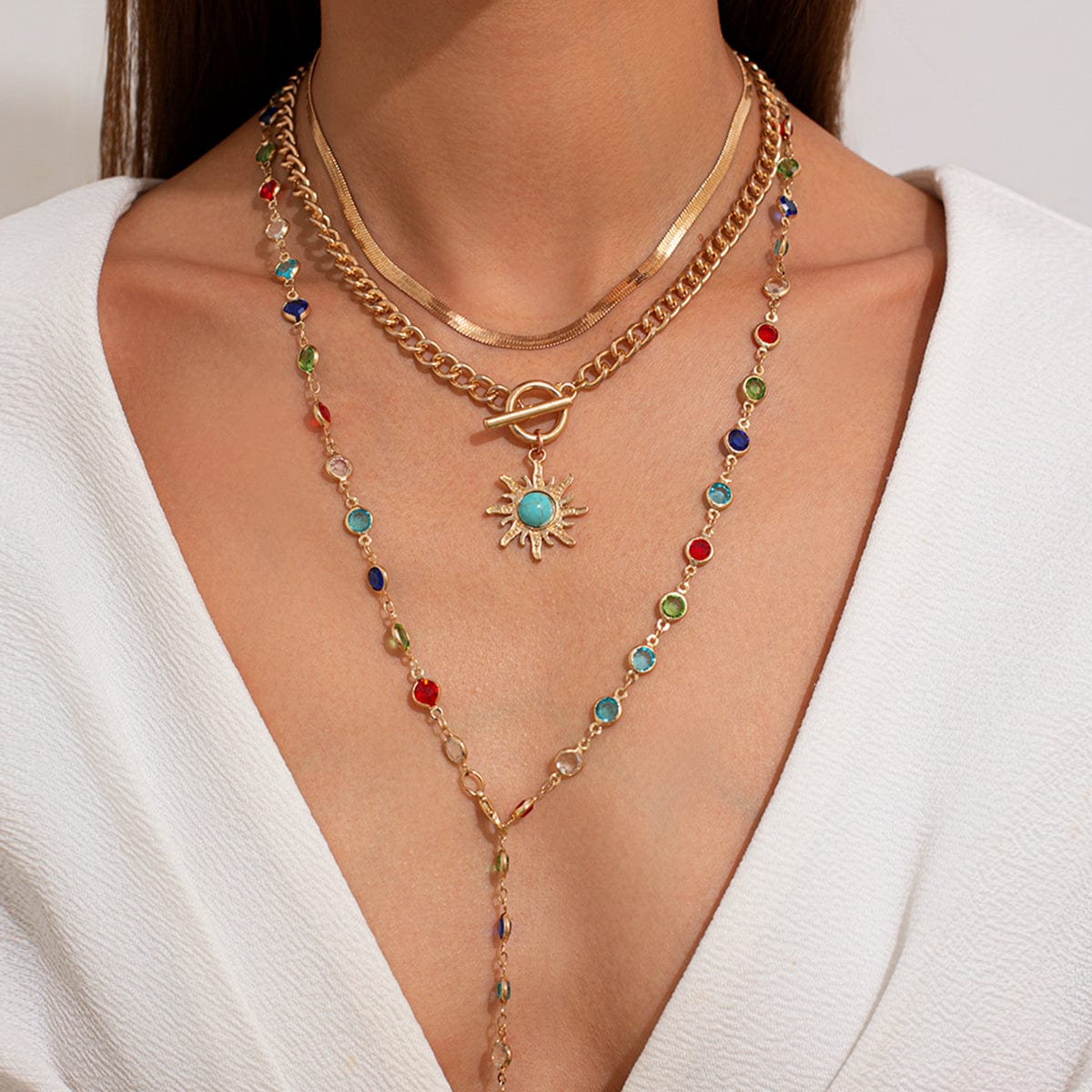 Colorful Crystal Long Chain Turquoise Sun Pendant Necklace Set