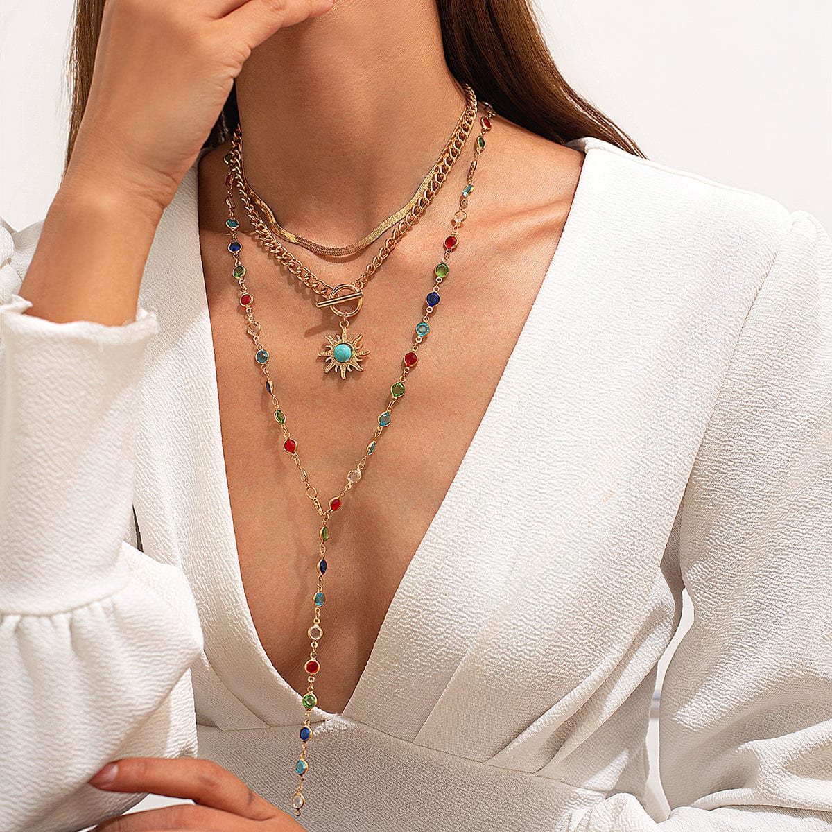 Colorful Crystal Long Chain Turquoise Sun Pendant Necklace Set