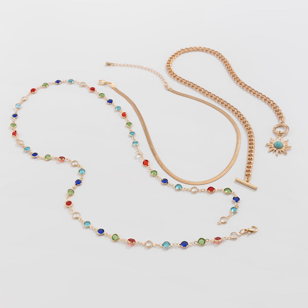 Colorful Crystal Long Chain Turquoise Sun Pendant Necklace Set