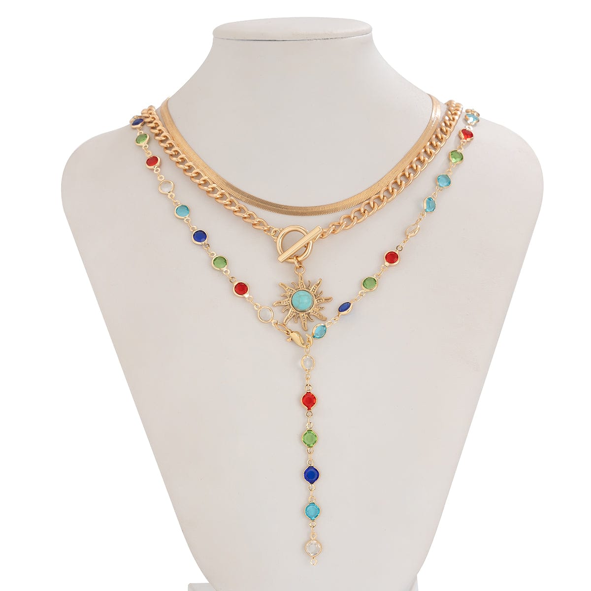 Colorful Crystal Long Chain Turquoise Sun Pendant Necklace Set