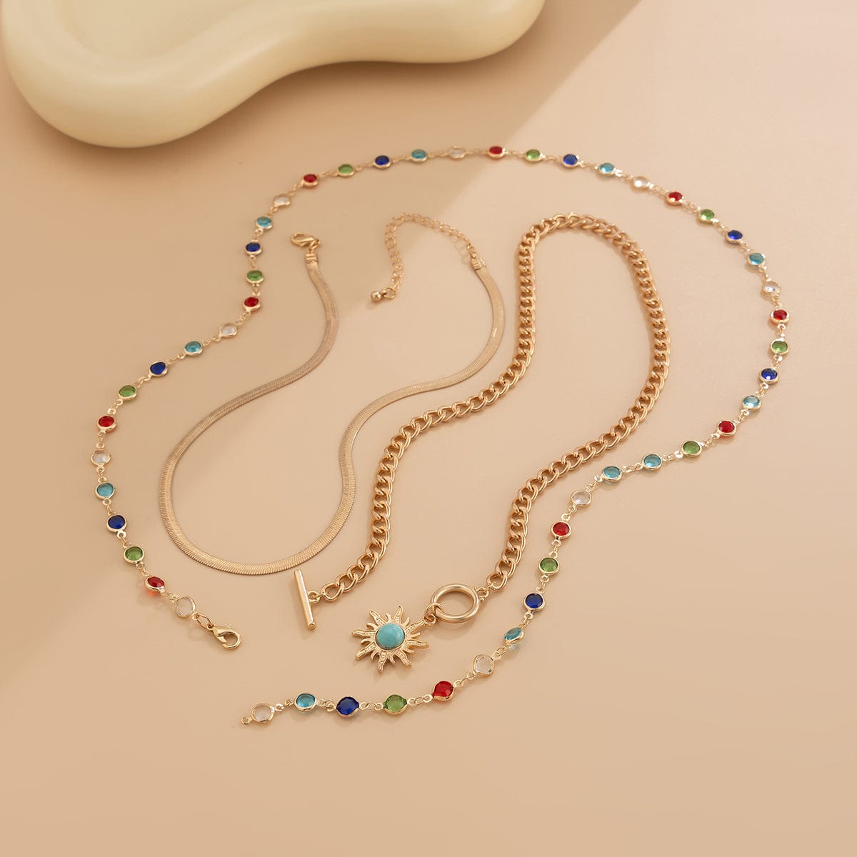 Colorful Crystal Long Chain Turquoise Sun Pendant Necklace Set