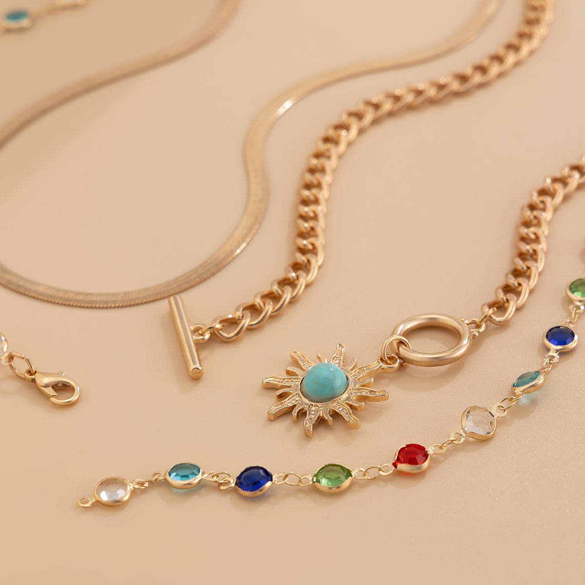 Colorful Crystal Long Chain Turquoise Sun Pendant Necklace Set