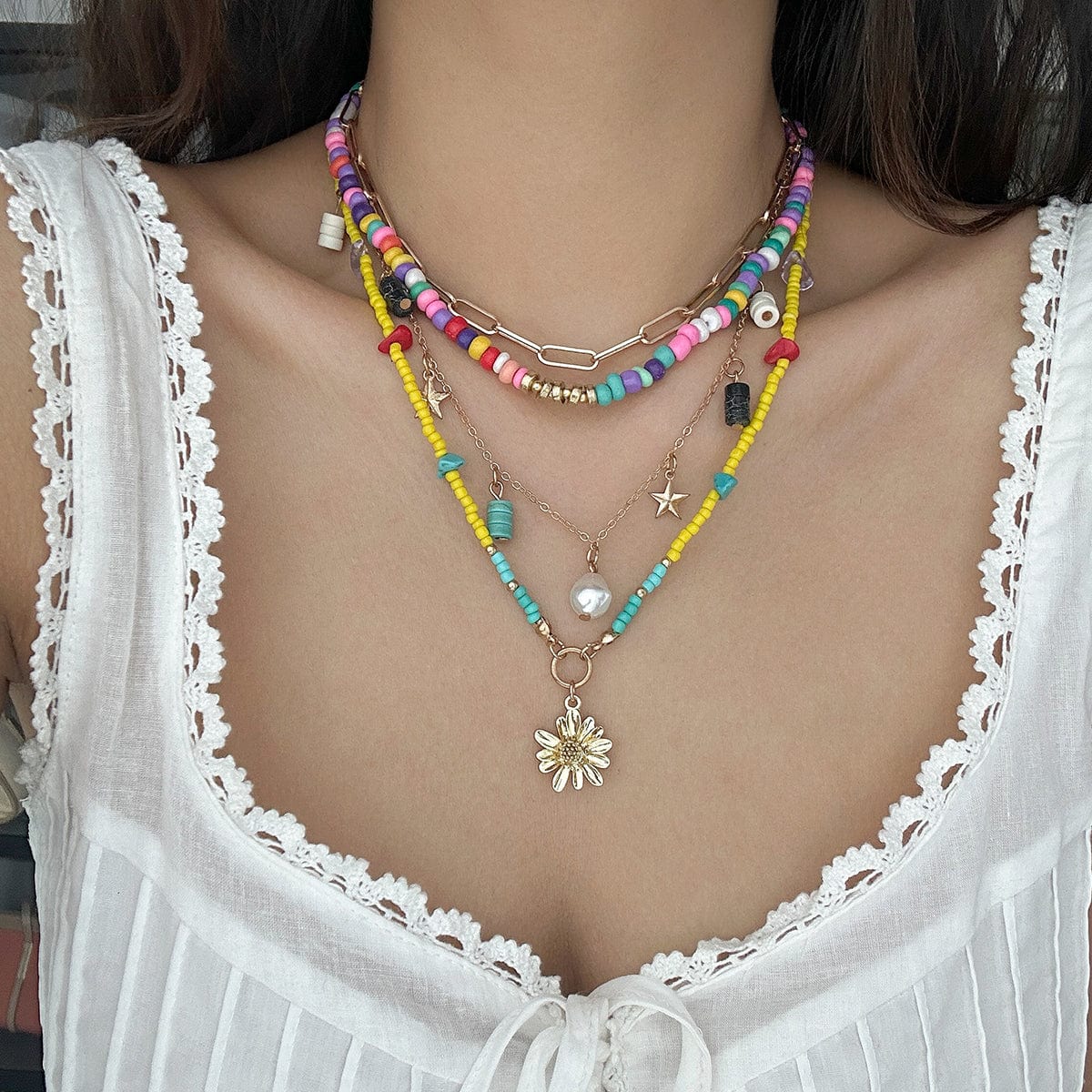 Colorful Daisy Charm Turquoise Starfish Tassel Seed Beaded Necklace Set