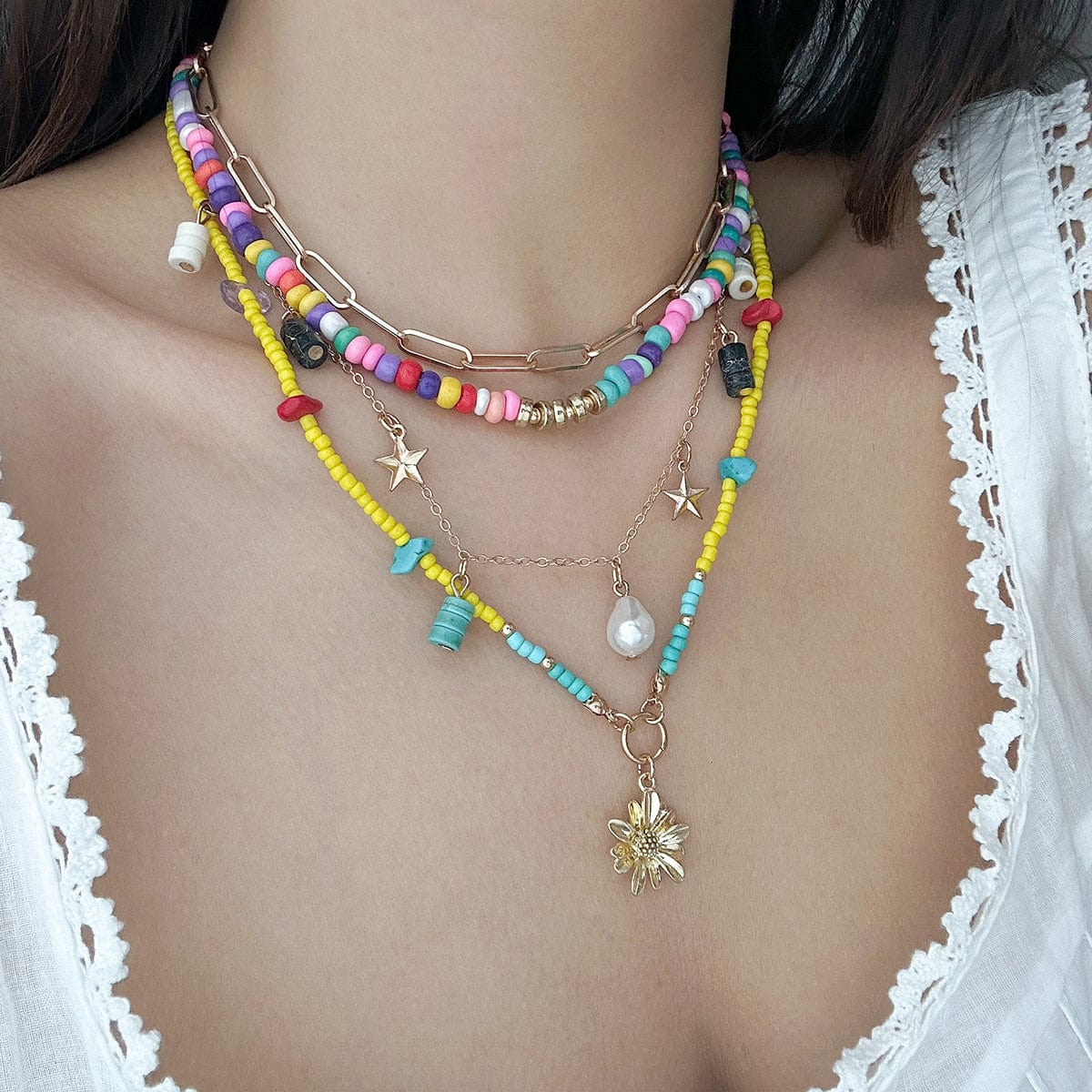 Colorful Daisy Charm Turquoise Starfish Tassel Seed Beaded Necklace Set