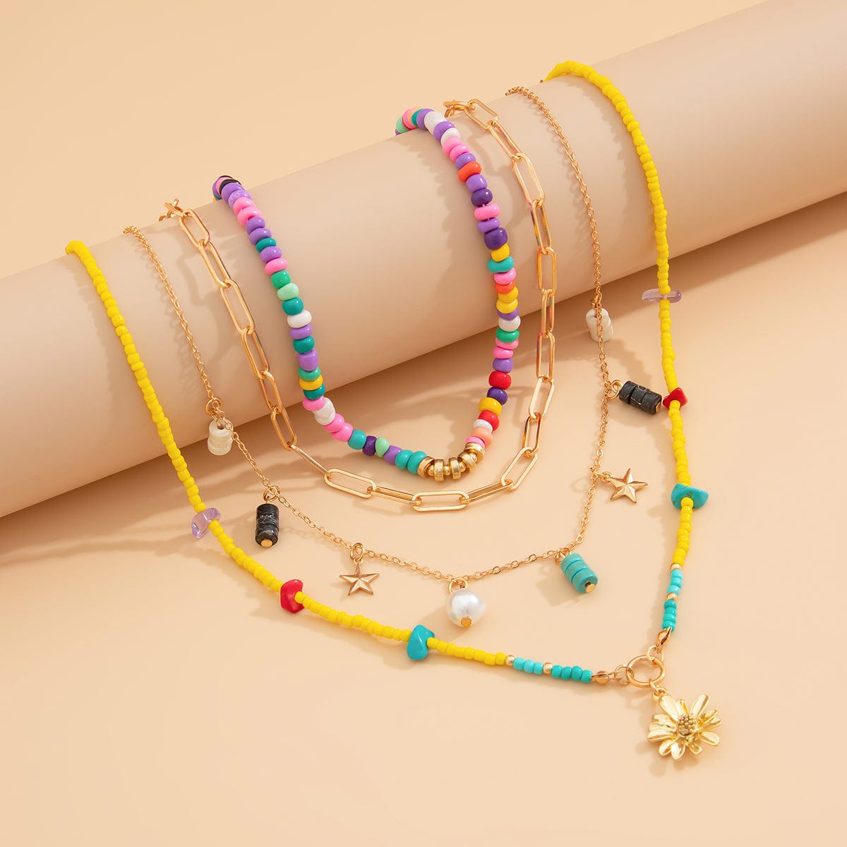 Colorful Daisy Charm Turquoise Starfish Tassel Seed Beaded Necklace Set