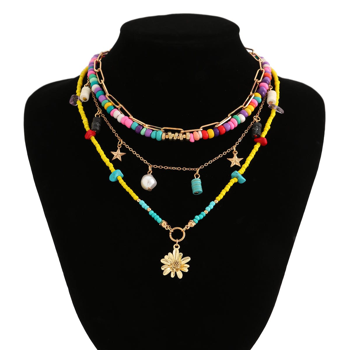 Colorful Daisy Charm Turquoise Starfish Tassel Seed Beaded Necklace Set