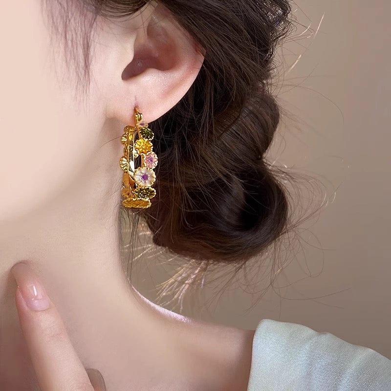 Colorful Enamel Flower Hoop Earrings - ArtGalleryZen