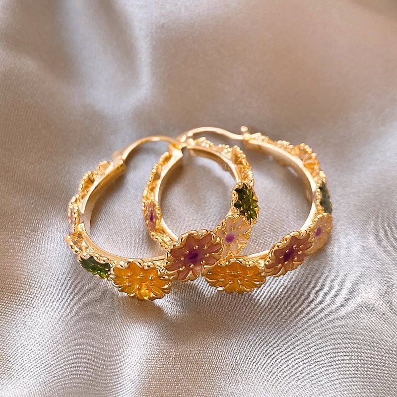 Colorful Enamel Flower Hoop Earrings - ArtGalleryZen