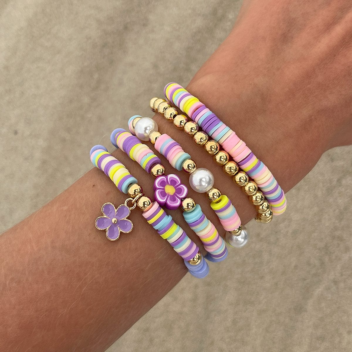 Colorful Layered Enamel Flower Polymer Clay Pearl Beaded Bracelet Set - ArtGalleryZen