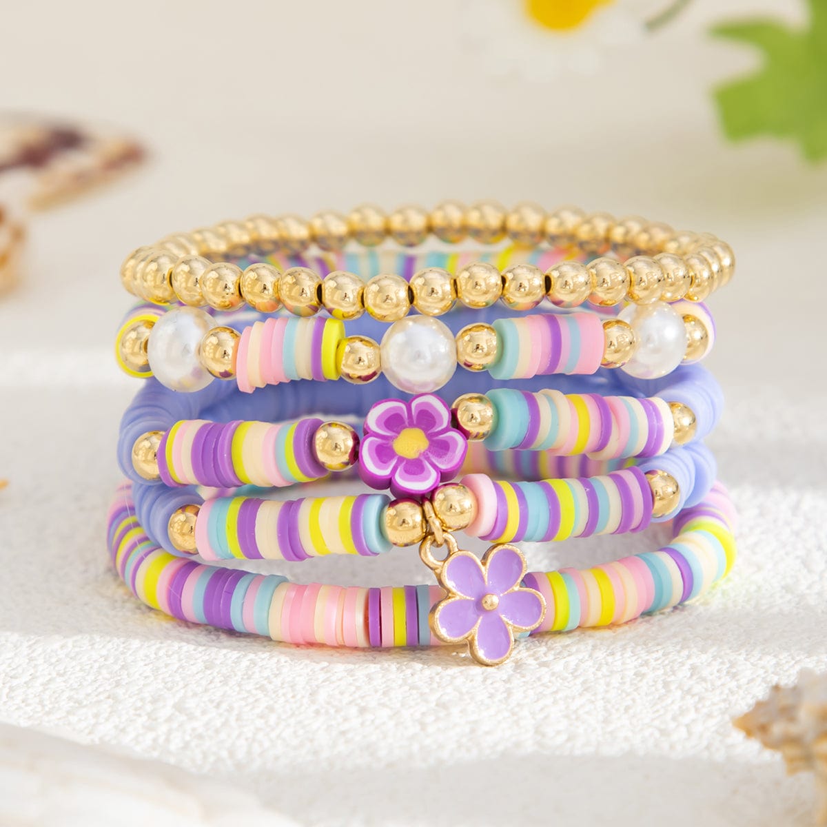Colorful Layered Enamel Flower Polymer Clay Pearl Beaded Bracelet Set - ArtGalleryZen