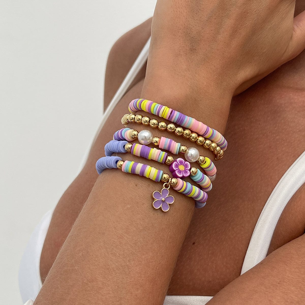 Colorful Layered Enamel Flower Polymer Clay Pearl Beaded Bracelet Set - ArtGalleryZen