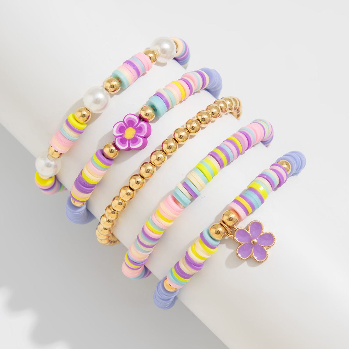 Colorful Layered Enamel Flower Polymer Clay Pearl Beaded Bracelet Set - ArtGalleryZen