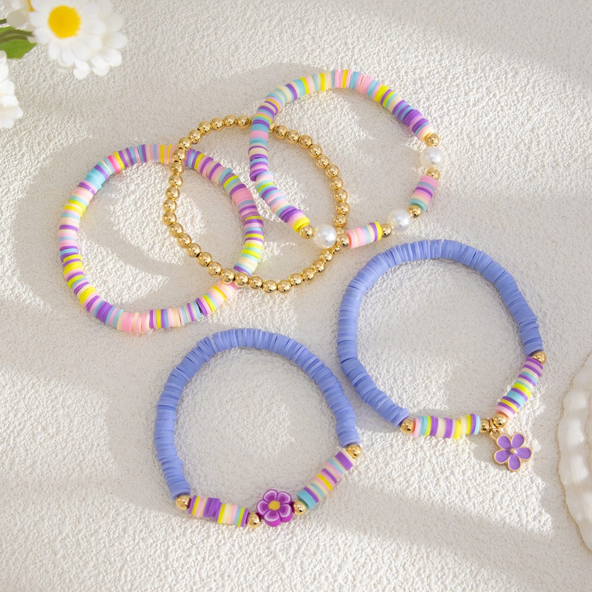 Colorful Layered Enamel Flower Polymer Clay Pearl Beaded Bracelet Set - ArtGalleryZen