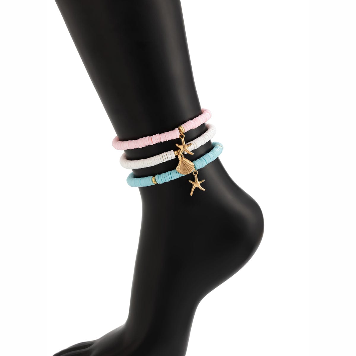 Colorful Layered Shell Starfish Charm Polymer Clay Anklet Set - ArtGalleryZen